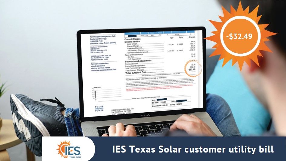 Pulse Power, Net Metering customer utility bill, IES Texas Solar. Showing a savings. 